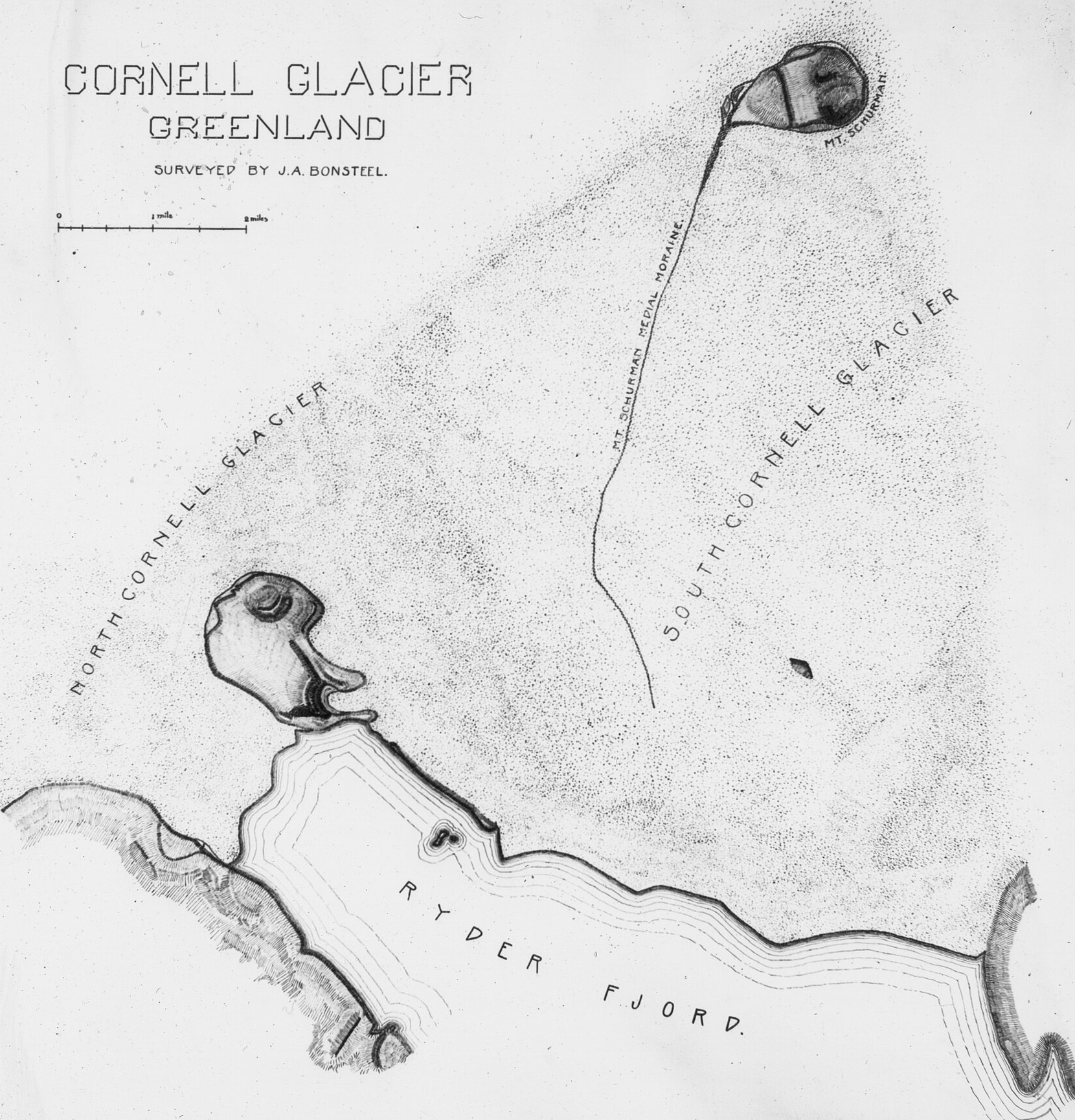 Survey map of Cornell Glacier, Greenland, 1896, with the nunatak Mt. Schurman standing in the ice