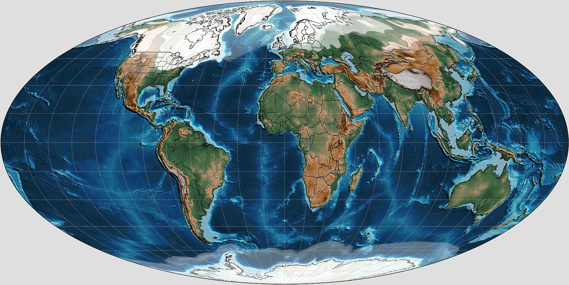 Map of the Earth at the Last Glacial Maximum, with the northern ice sheets in white